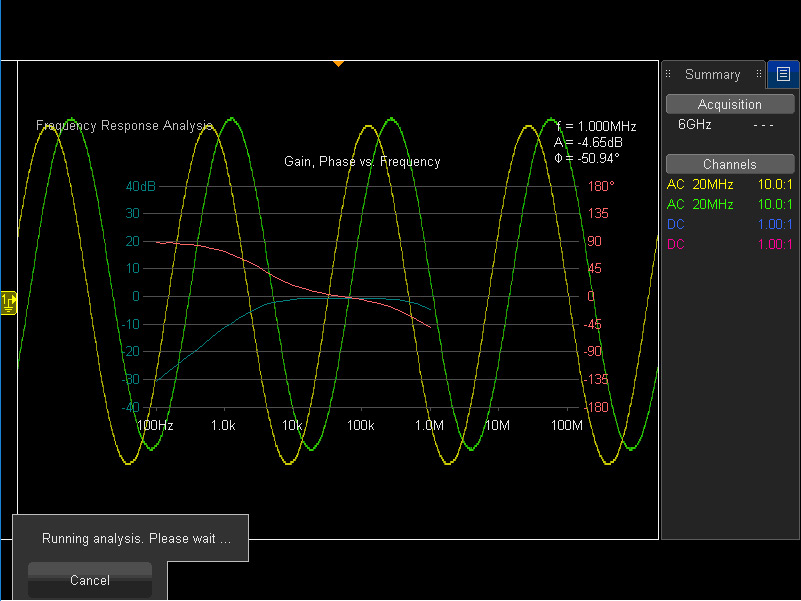 Во время работы приложения FRA вы можете просматривать развертку генератора сигналов (желтый) и выходной сигнал (зеленый)